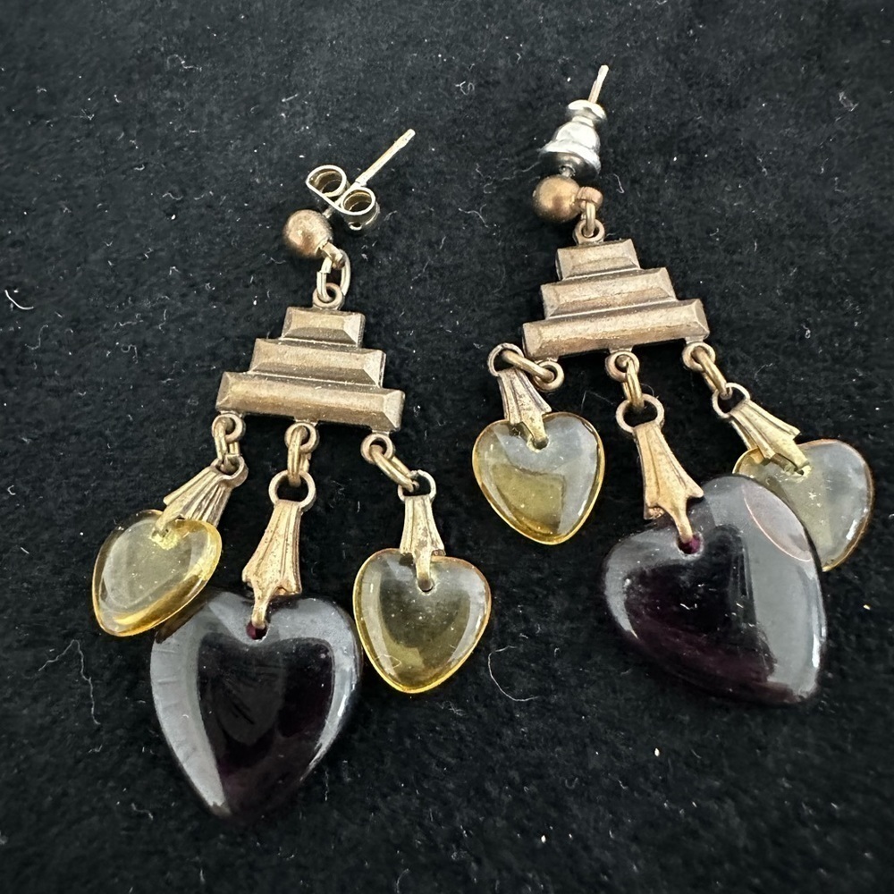 Pierced earrings with Cooper post and 3 glass hearts hanging from triangle piece